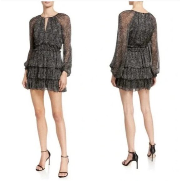 cinq a sept Black Mini Dress Sz 6 Tiered Print Silk Long Sleeve Smocked Babydoll - Picture 2 of 16